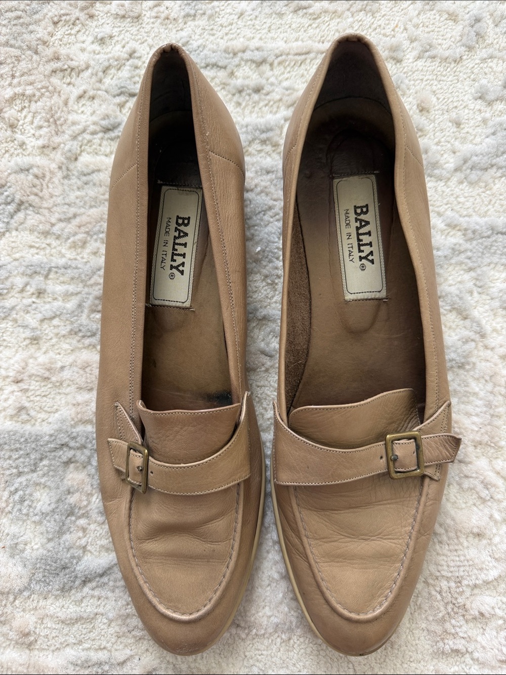 Bally Women's Beige Leather Loafers with Buckle Accent